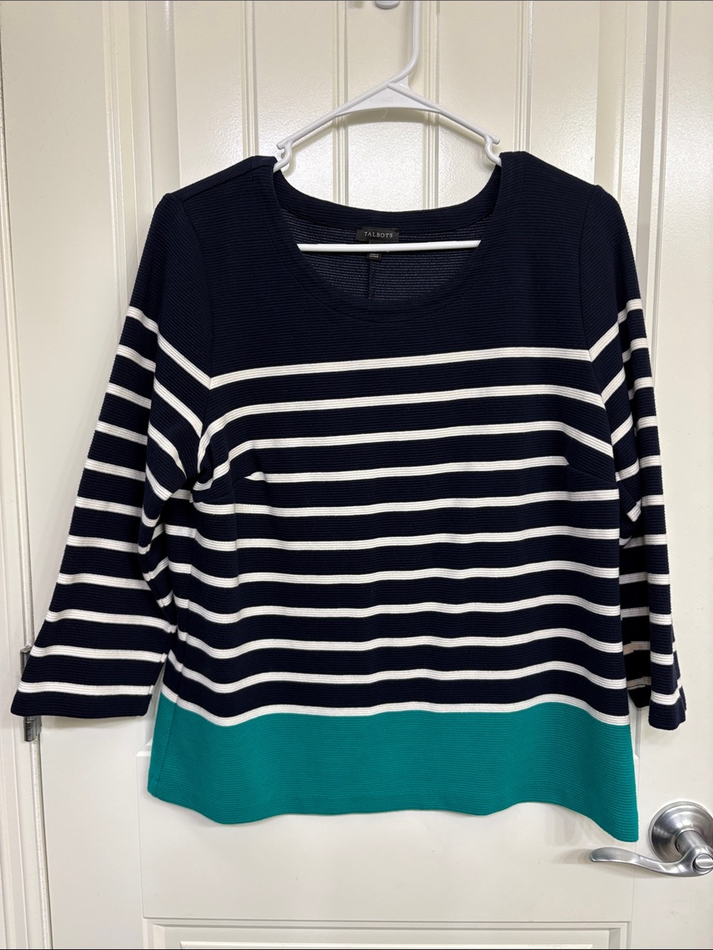 Talbots Navy & White Striped Long-Sleeve Top with Teal Band
